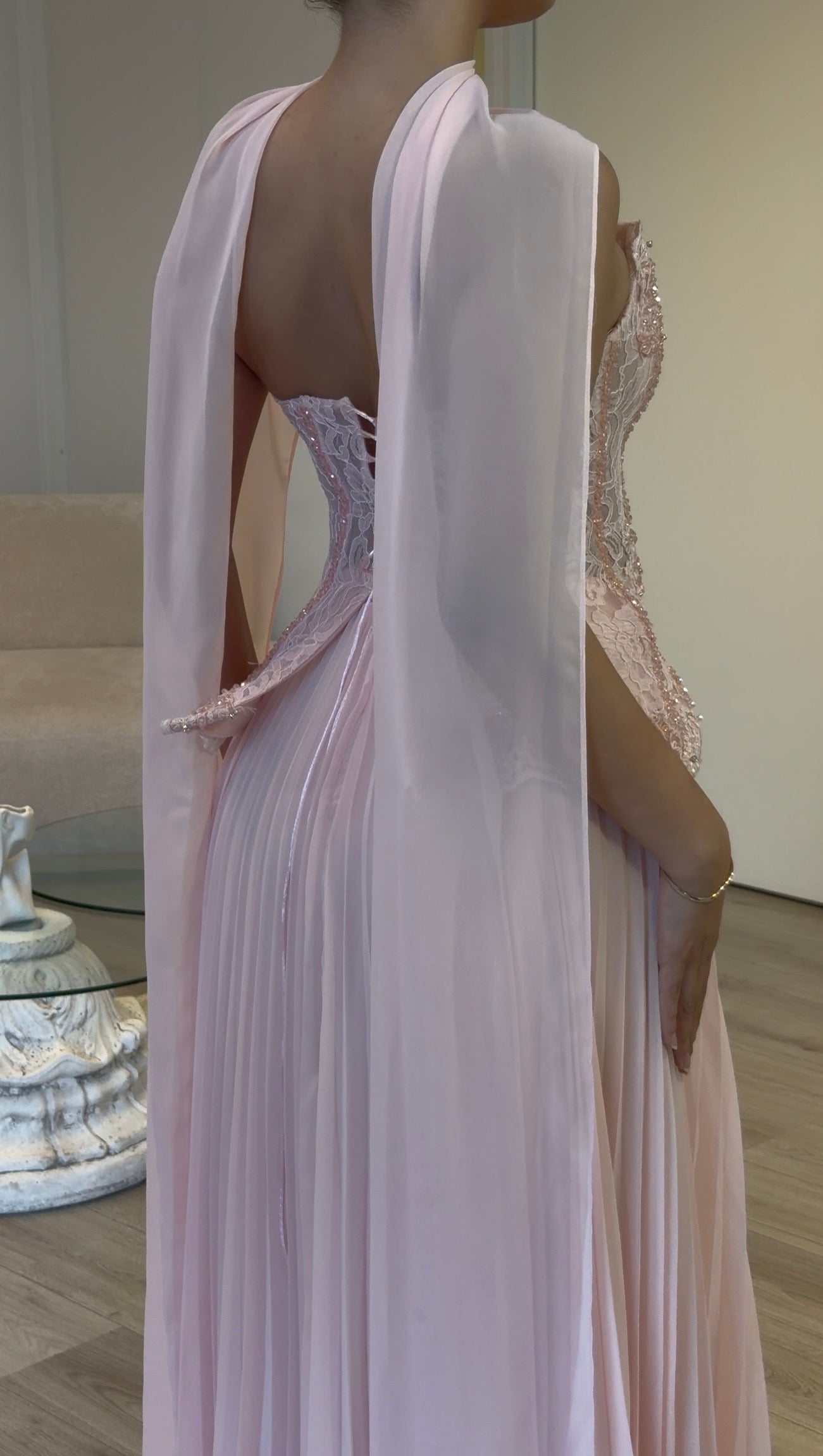 Pleated Chiffon A-Line Gown with Lace Corset Bodice