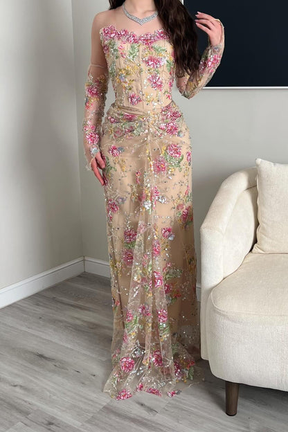 Floral Sequin Corset Evening Gown with Sleeves