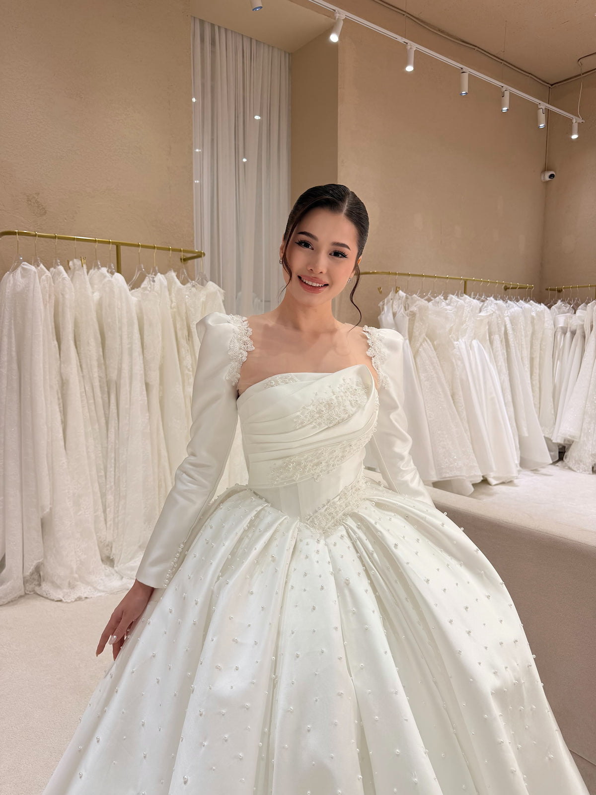 Strapless Asymmetric Pleated Pearl Ball Gown