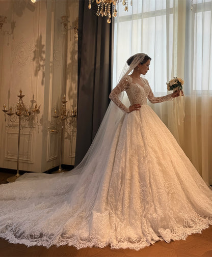 Corset Lace Ball Gown Wedding Dress with Cathedral Train