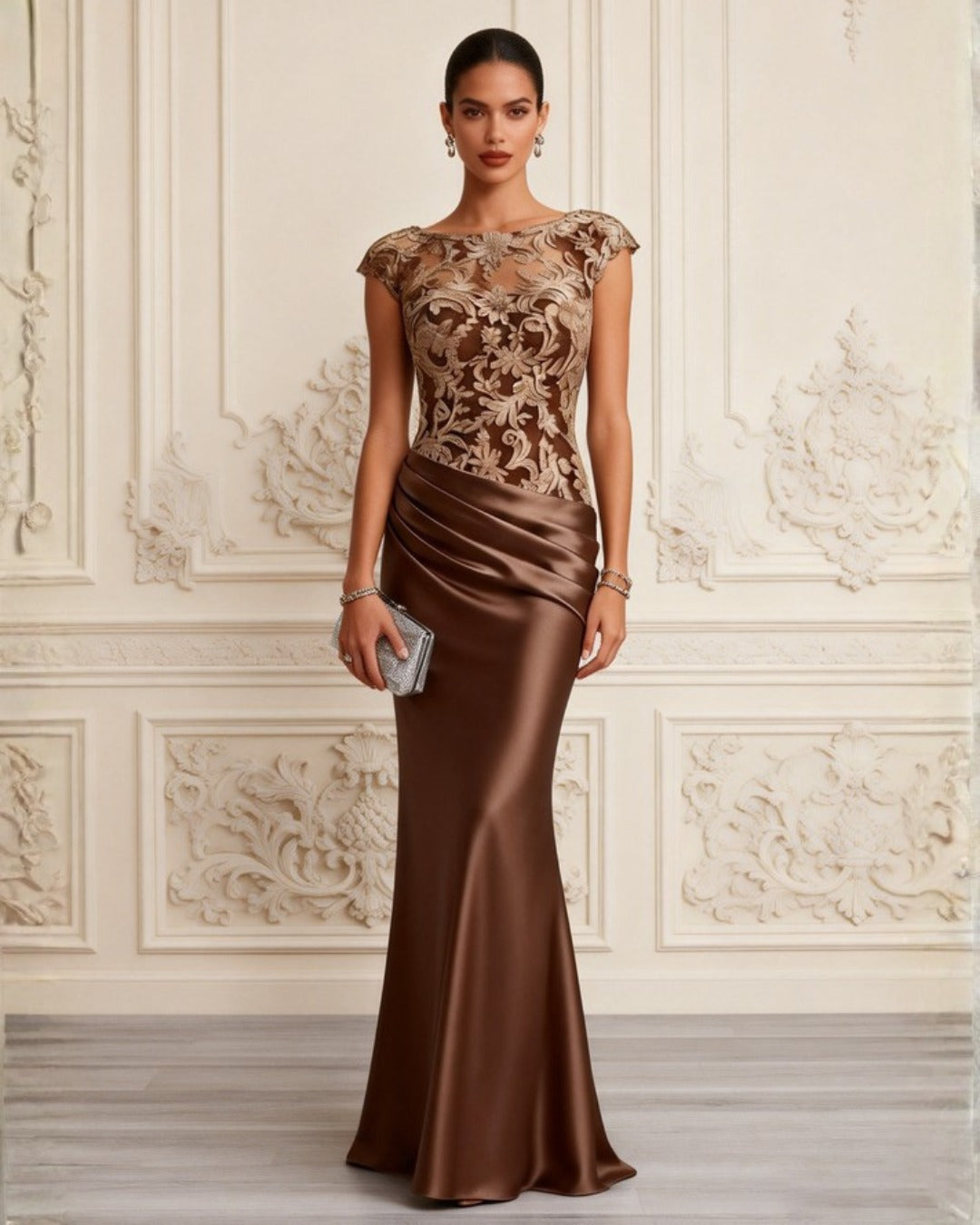 Embroidered Illusion Bodice Ruched Satin Gown