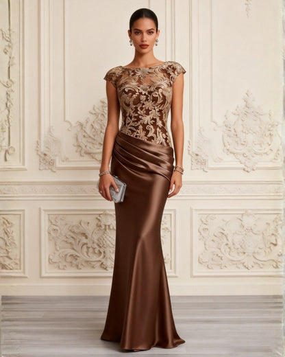 Embroidered Illusion Bodice Ruched Satin Gown