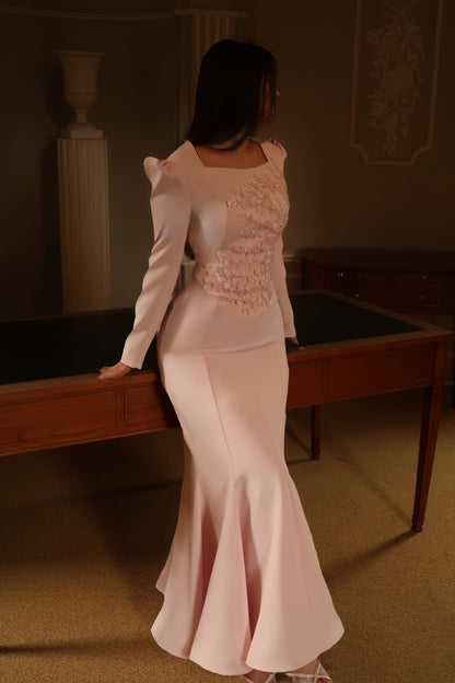Floral Applique Mermaid Gown with Puff Long Sleeves