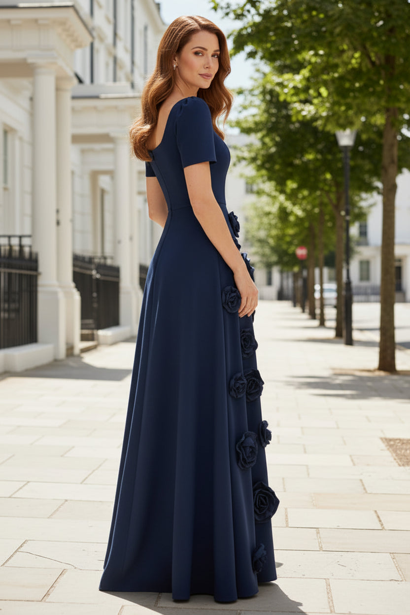 Navy Floor-Length Gown with 3D Rosette Skirt Detail