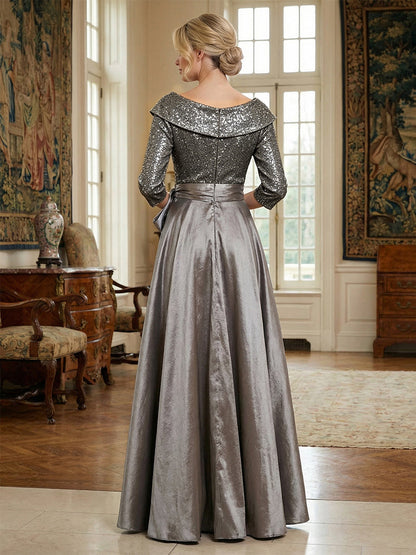 Sequin A-Line Evening Gown with 3/4 Sleeves and Sash