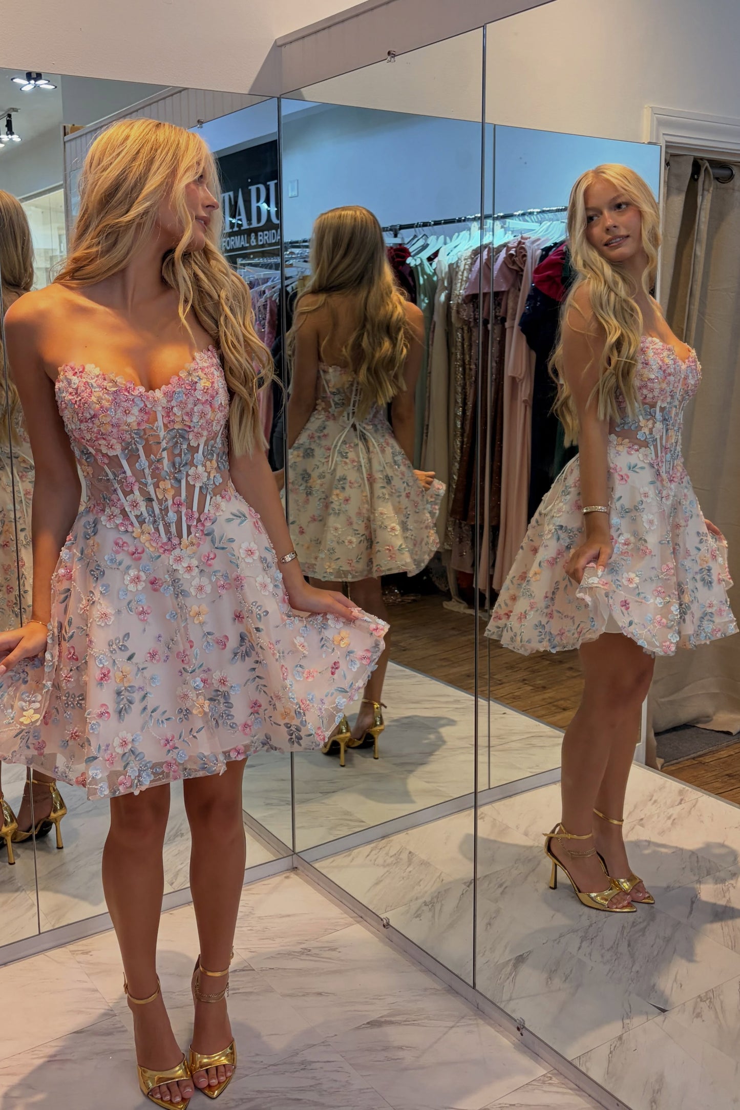 Strapless 3D Floral Corset Mini Dress