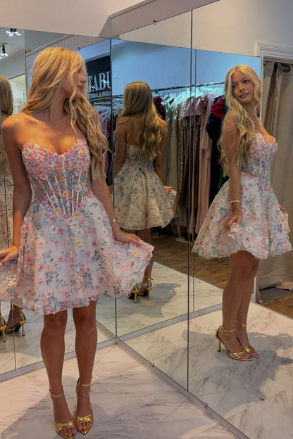 Strapless 3D Floral Corset Mini Dress