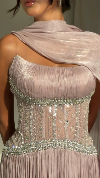 Corset Pleated Evening Gown with Neck Drape