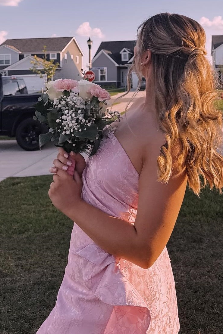 Strapless Floral Jacquard Mini Dress with Side Drape