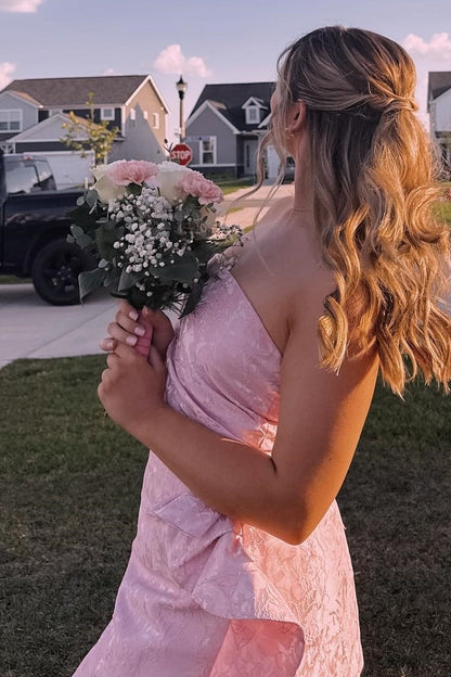 Strapless Floral Jacquard Mini Dress with Side Drape