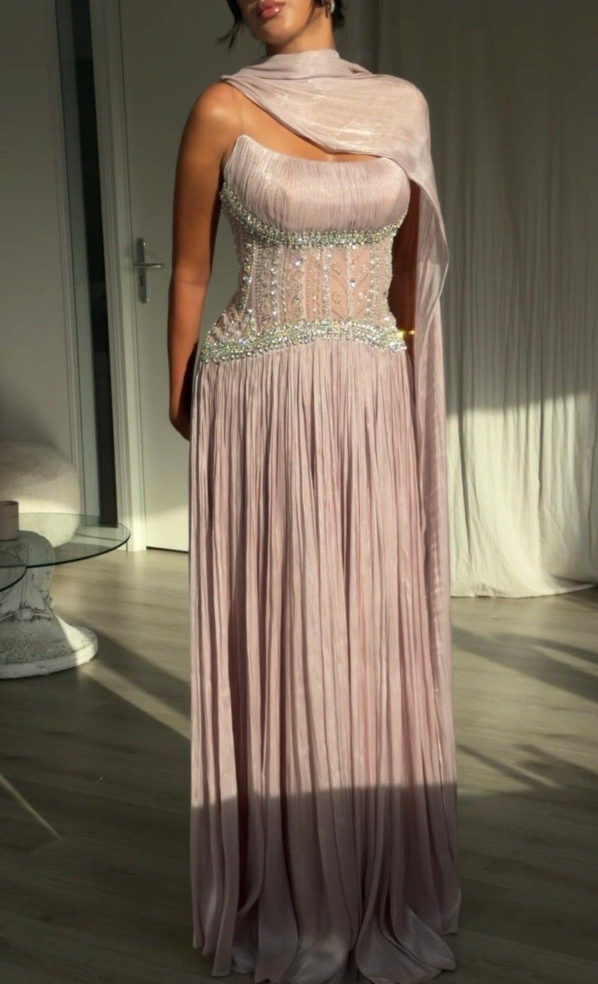 Corset Pleated Evening Gown with Neck Drape