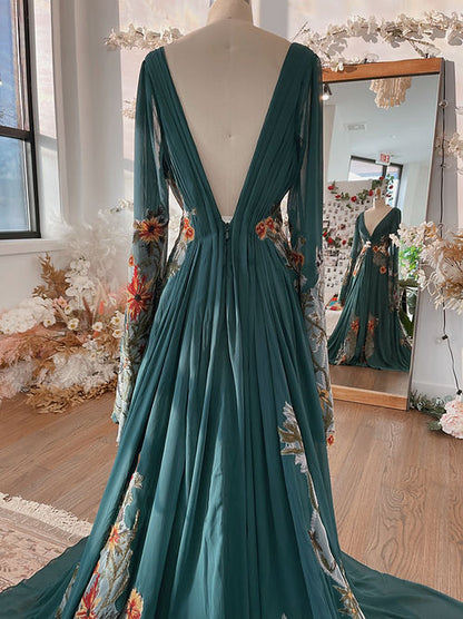 Boho Floral Embroidered V-Neck Chiffon Gown with Train