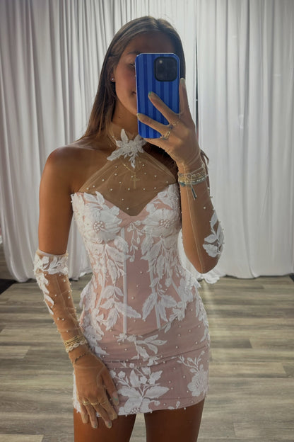 Off-Shoulder Floral Lace Corset Mini Dress
