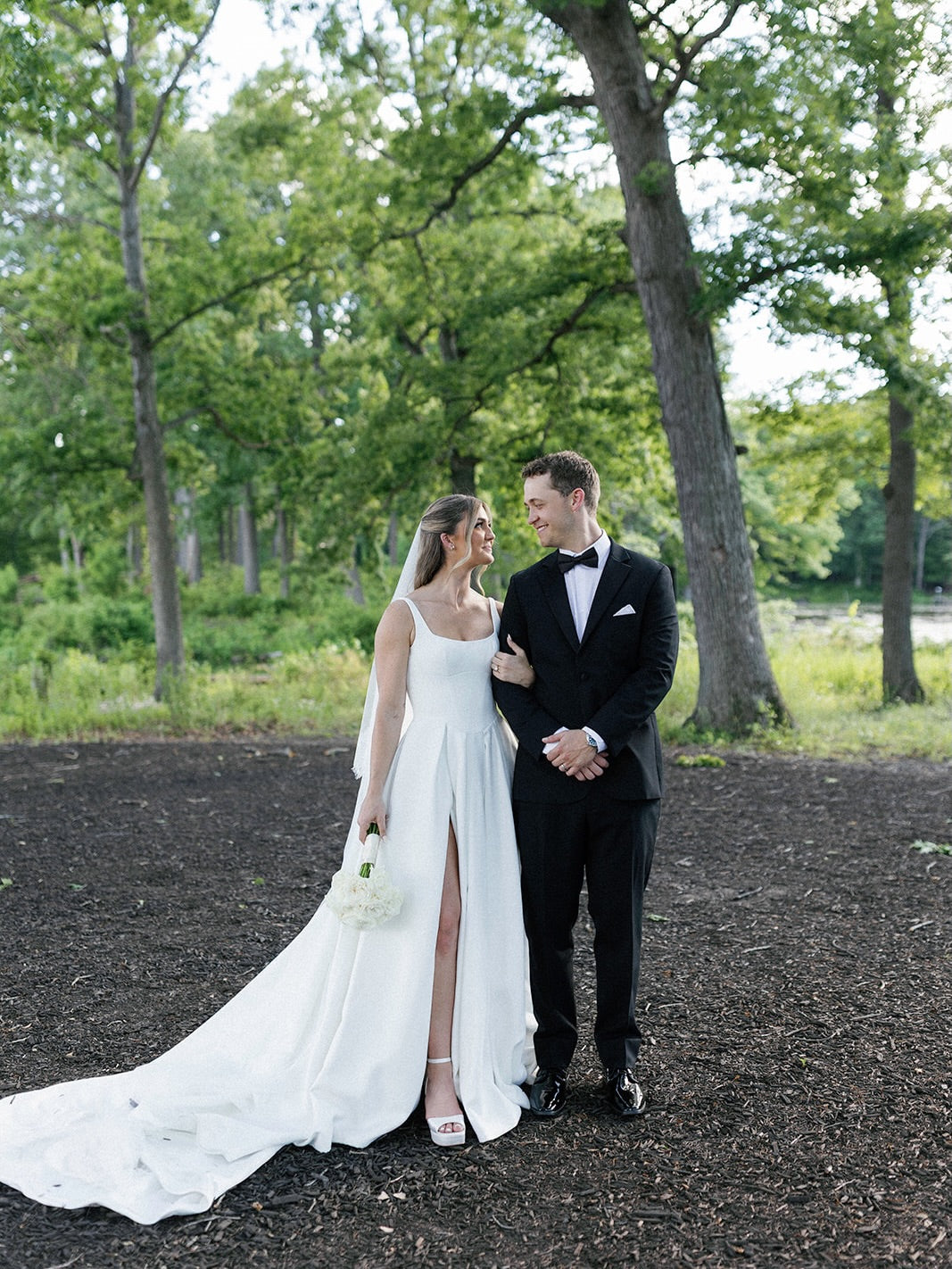 Square Neckline Satin Wedding Gown with High Slit