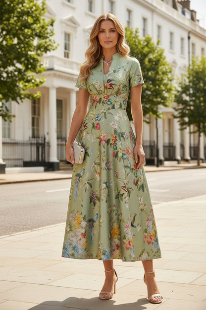 Floral Print A-Line Dress with Stand Collar Neckline