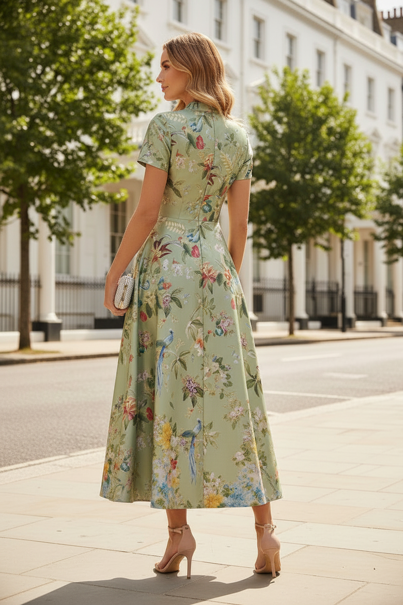 Floral Print A-Line Dress with Stand Collar Neckline