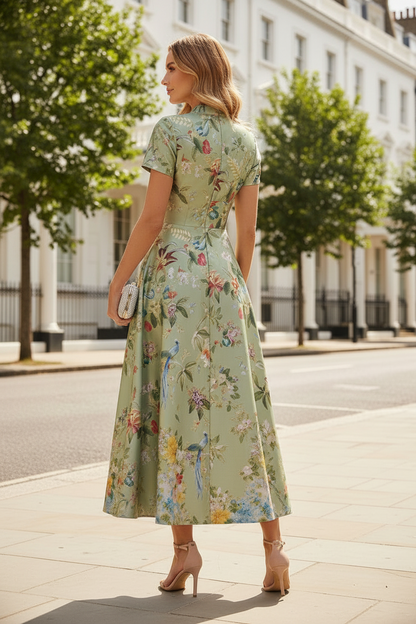 Floral Print A-Line Dress with Stand Collar Neckline