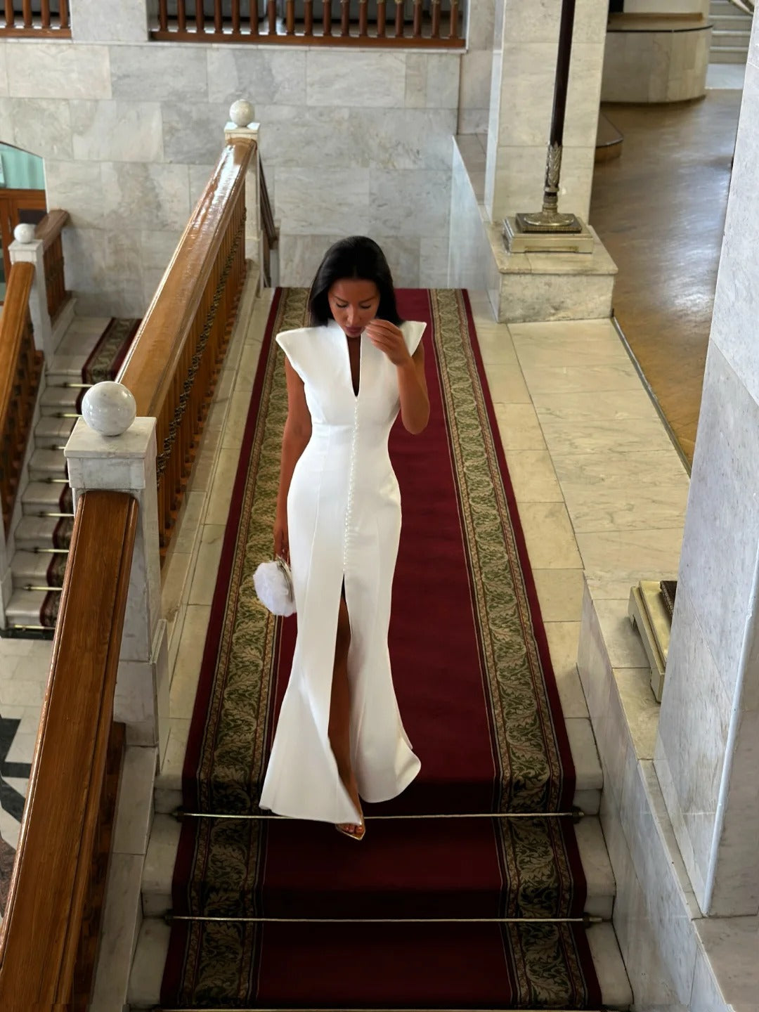 Cap Sleeve V-Neck Slit Gown with Button Placket