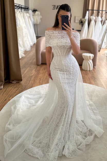 Off-the-Shoulder Pearl Beaded Mermaid Wedding Gown