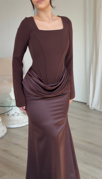 Long Sleeve Corset Gown with Draped Satin Skirt