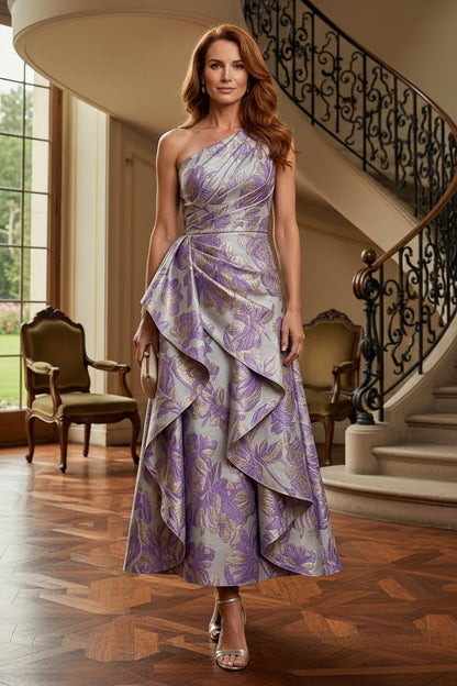One-Shoulder Jacquard Dress with Draped Ruffle Skirt