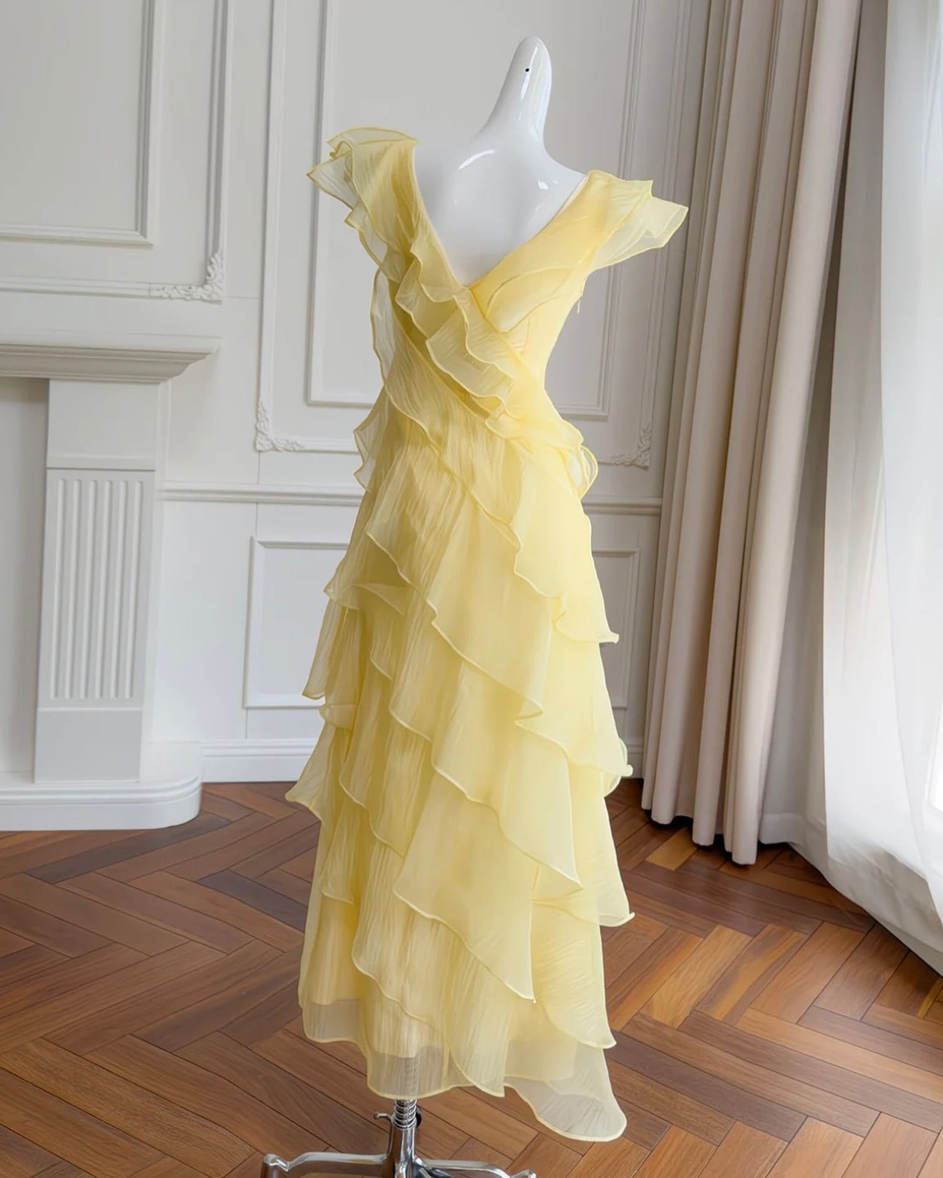 Asymmetrical Ruffled V-Neck A-Line Maxi Dress