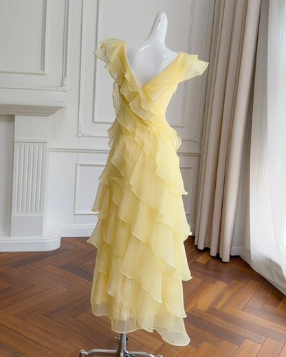 Asymmetrical Ruffled V-Neck A-Line Maxi Dress