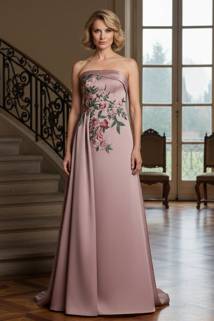 Strapless Embroidered Satin A-Line Gown