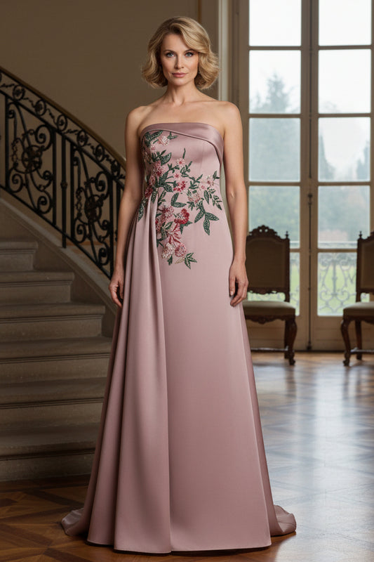 Strapless Embroidered Satin A-Line Gown
