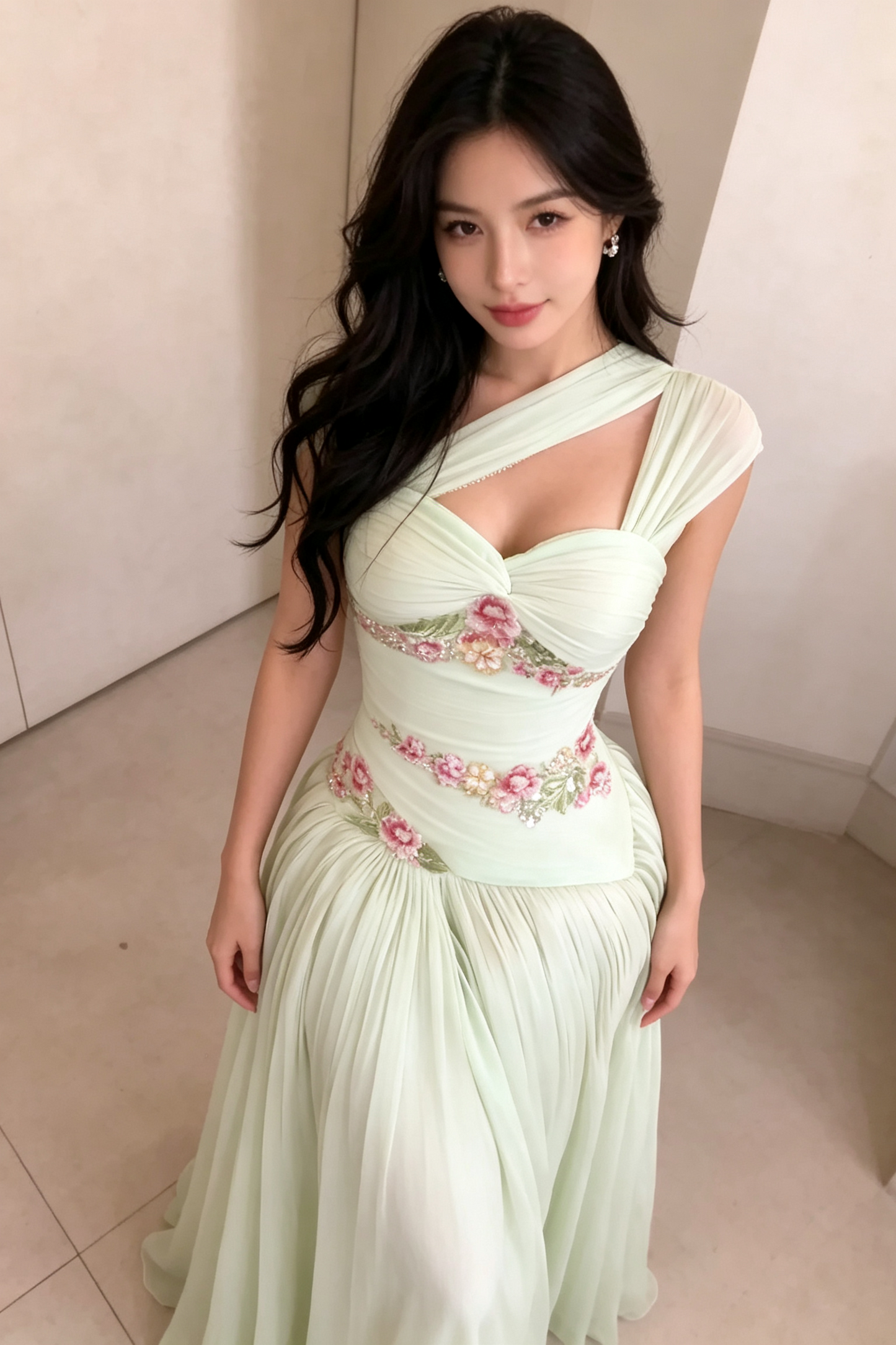 Floral Embroidered Cutout Gown with Pleated Skirt