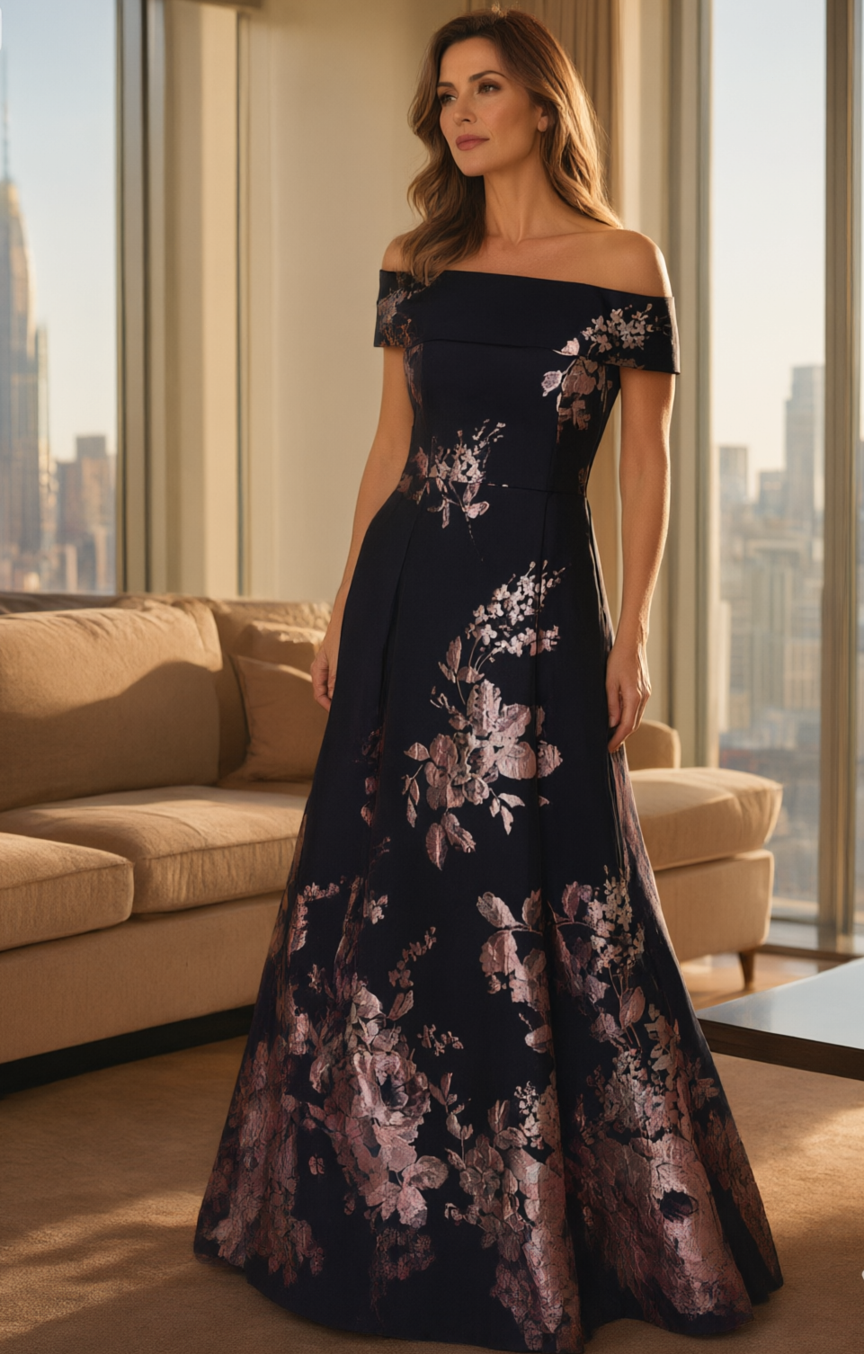 Off-the-Shoulder Metallic Floral Brocade Gown