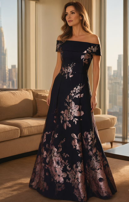 Off-the-Shoulder Metallic Floral Brocade Gown