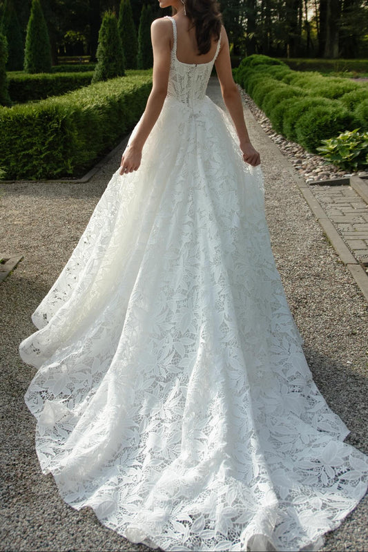 Square Neck Corset Lace A-Line Wedding Dress