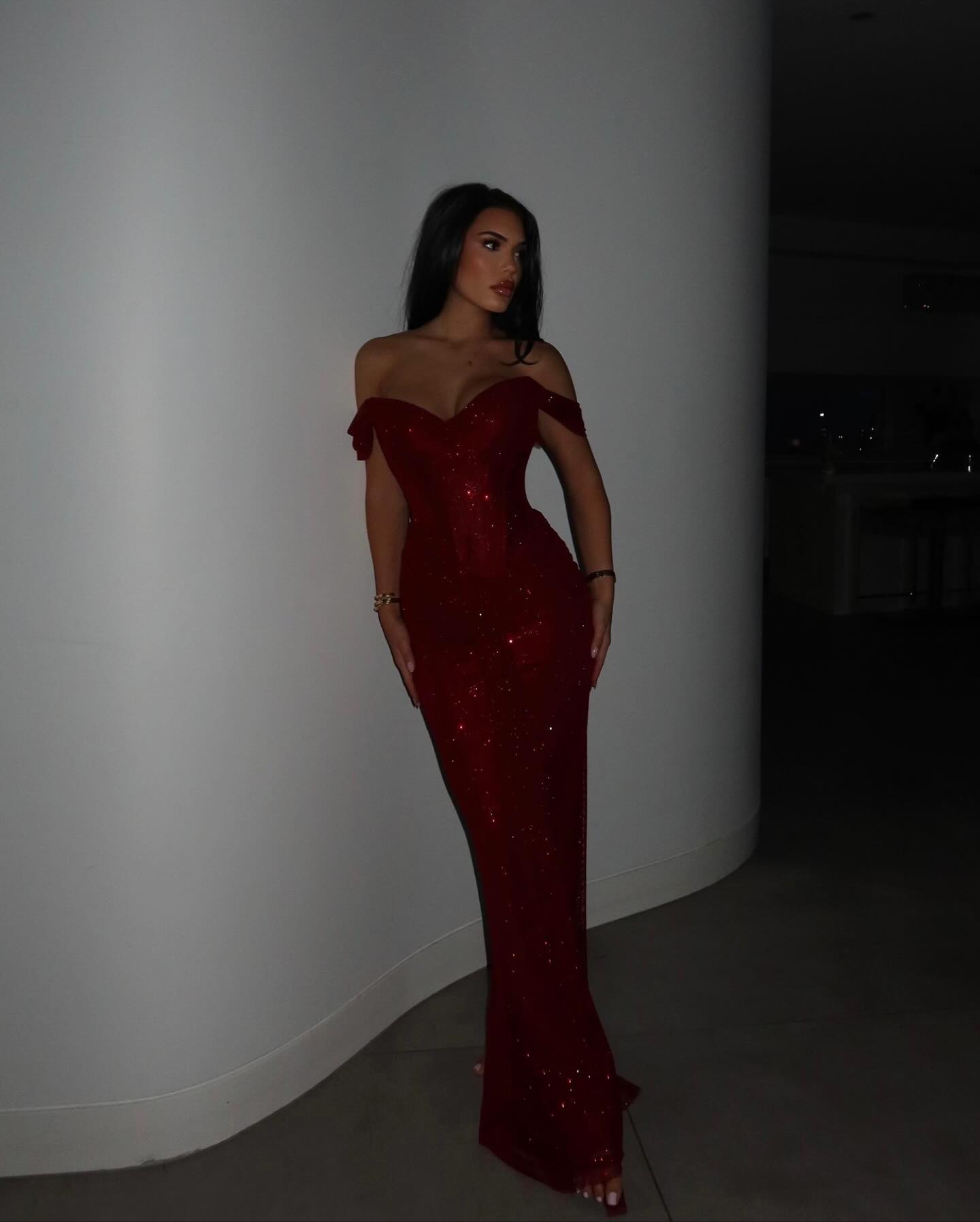 Off-the-Shoulder Glitter Mermaid Gown