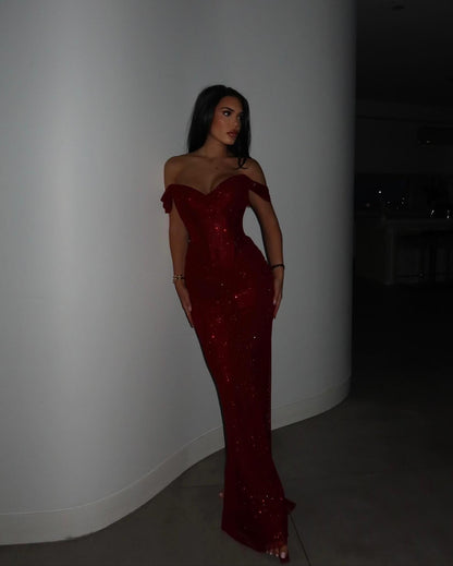 Off-the-Shoulder Glitter Mermaid Gown