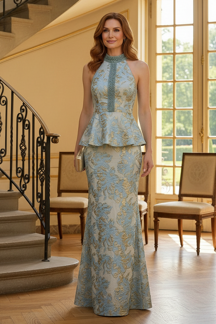Halter Peplum Jacquard Evening Gown