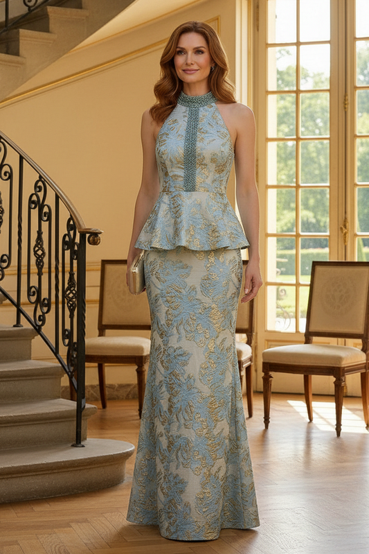 Halter Peplum Jacquard Evening Gown
