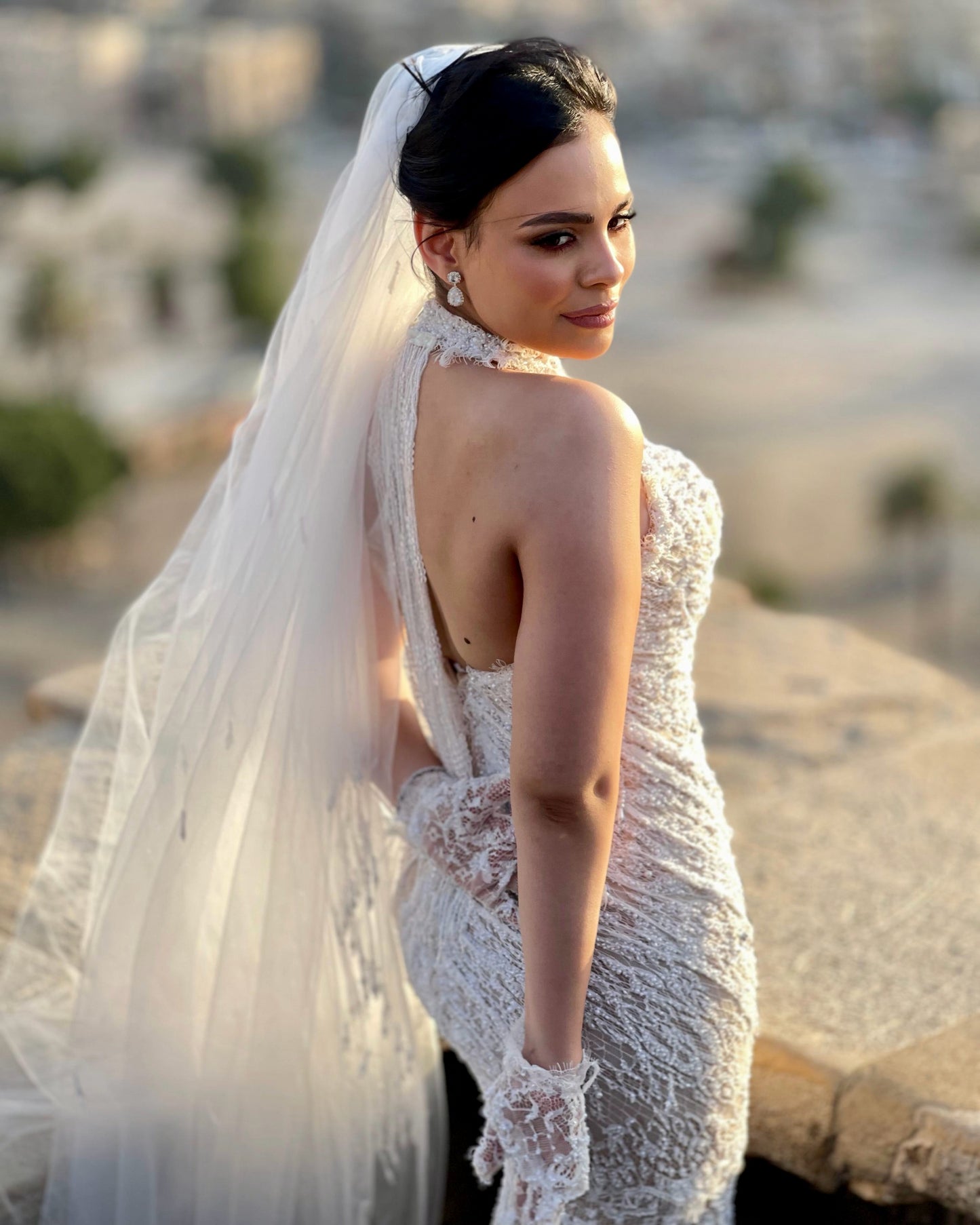 Halter Lace Mermaid Wedding Dress with Detachable Train