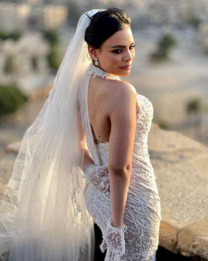 Halter Lace Mermaid Wedding Dress with Detachable Train