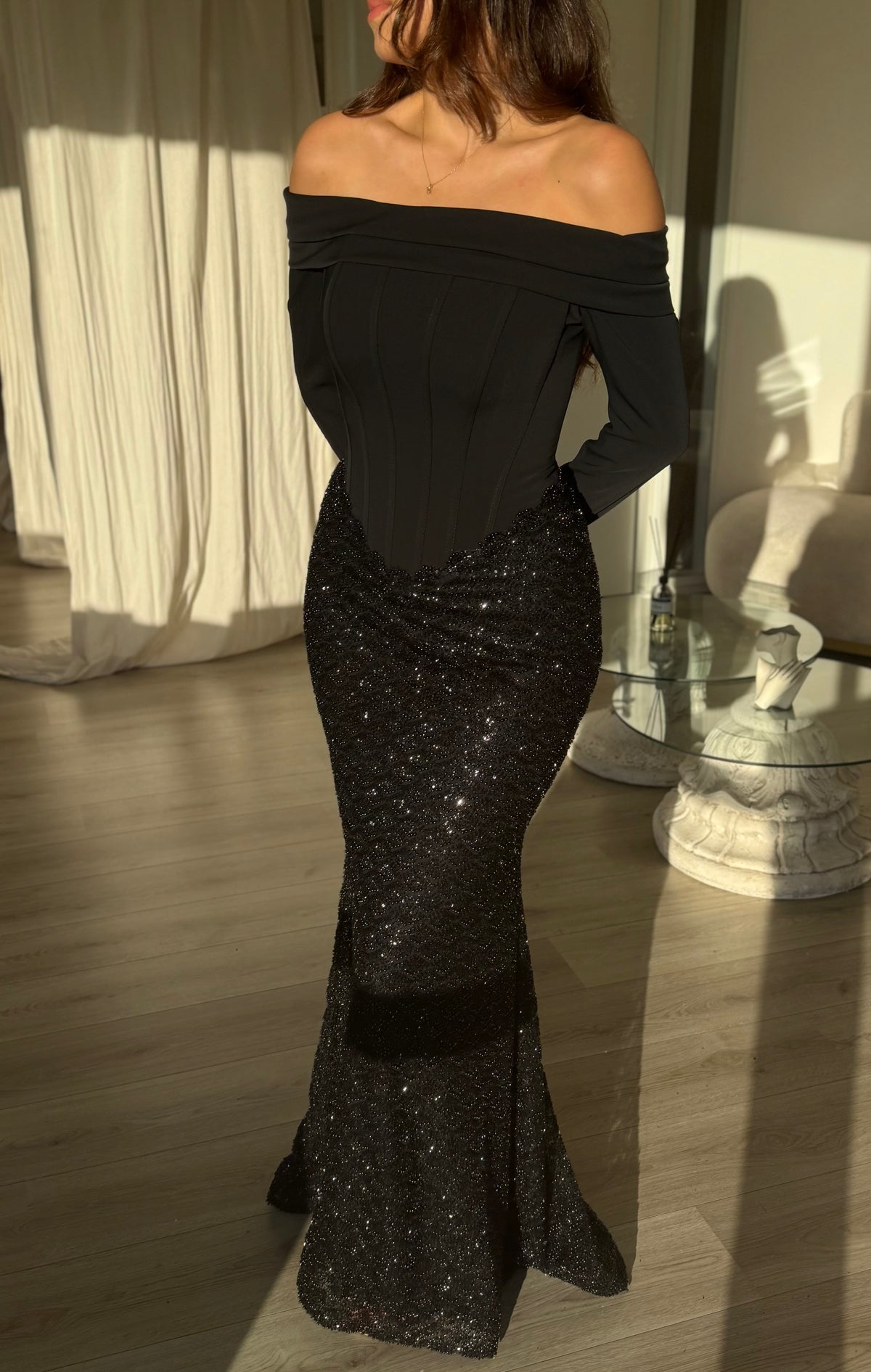 Off-the-Shoulder Corset Sequin Mermaid Evening Gown