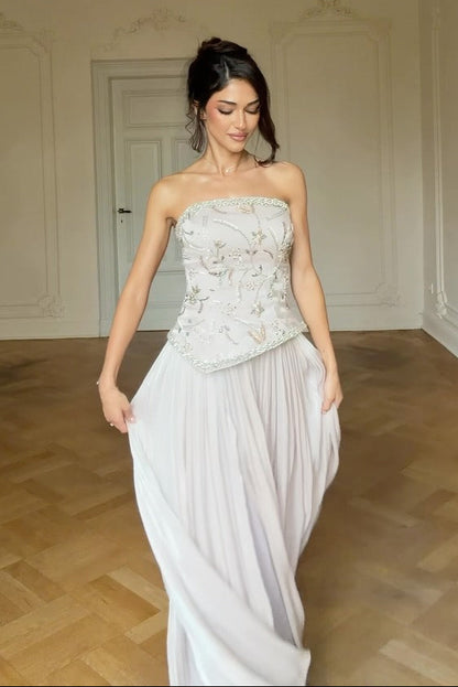 Beaded Corset Evening Gown with Pleated Skirt