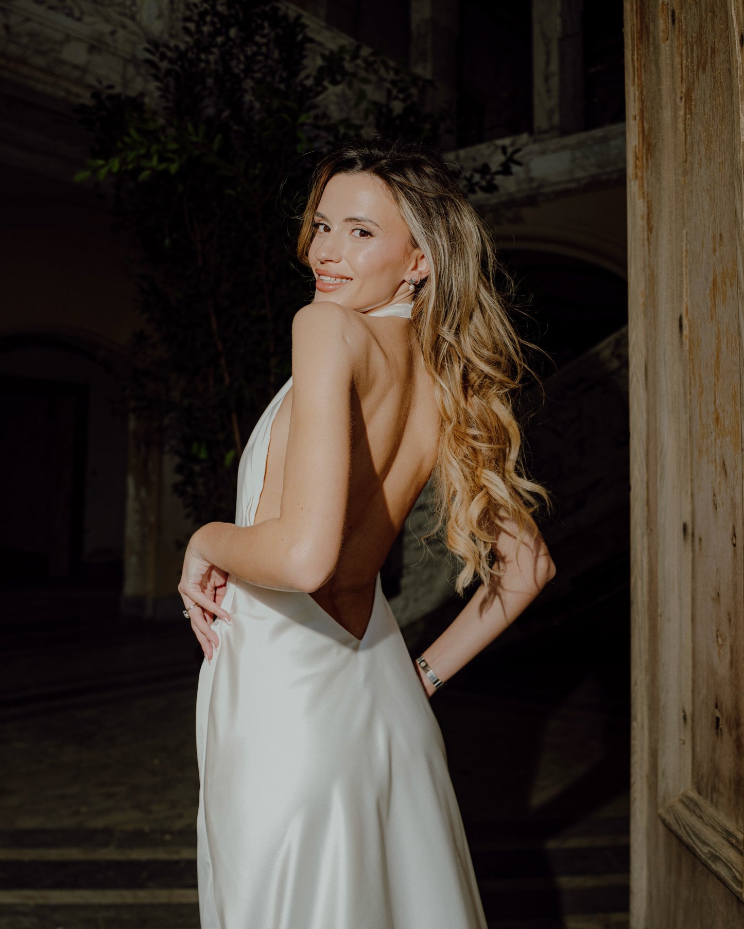 Satin Halter Slip Dress with Open V-Back