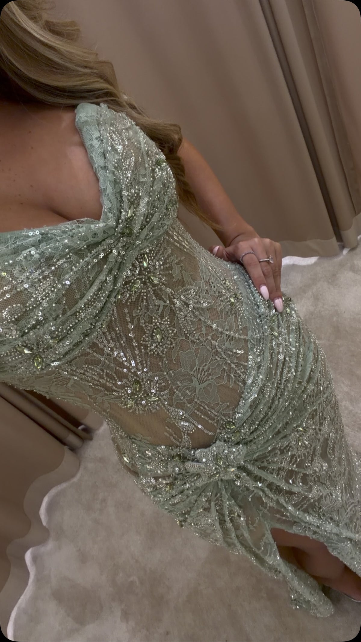 Sequined Off-Shoulder Corset Gown with Slit