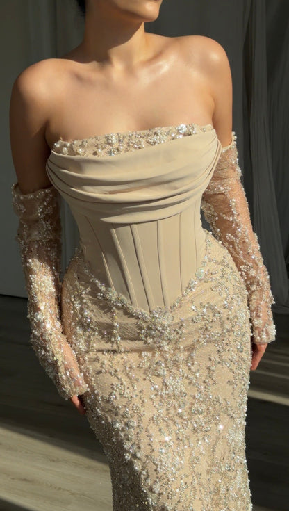 Corset Evening Gown with Beaded Sleeves