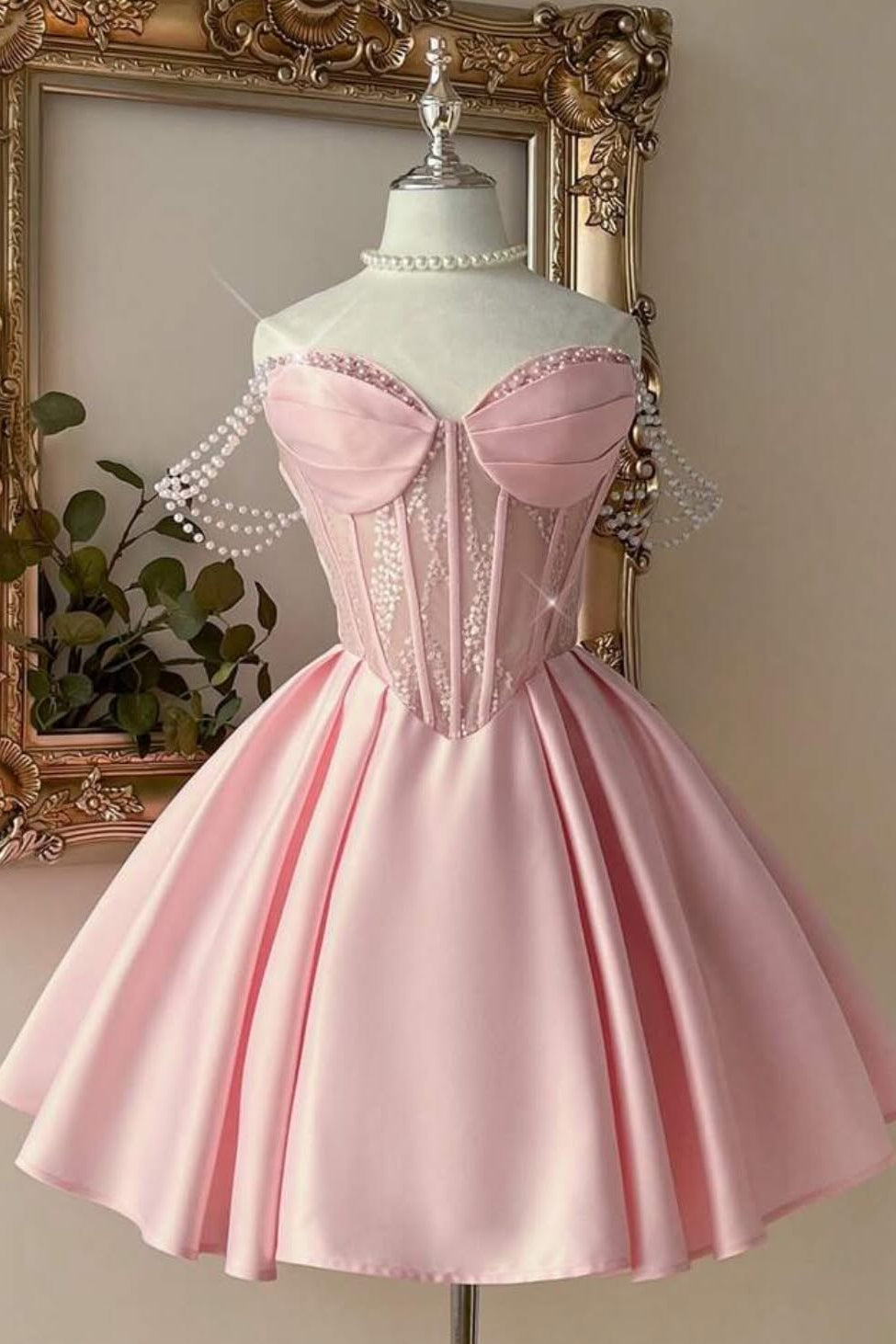 A-Line Satin Corset Mini Dress with Pearl Straps