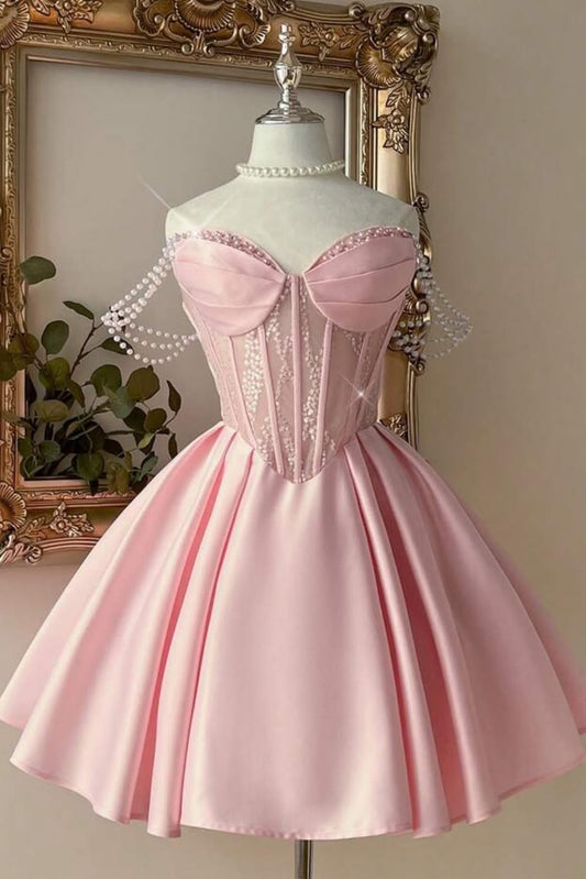 A-Line Satin Corset Mini Dress with Pearl Straps