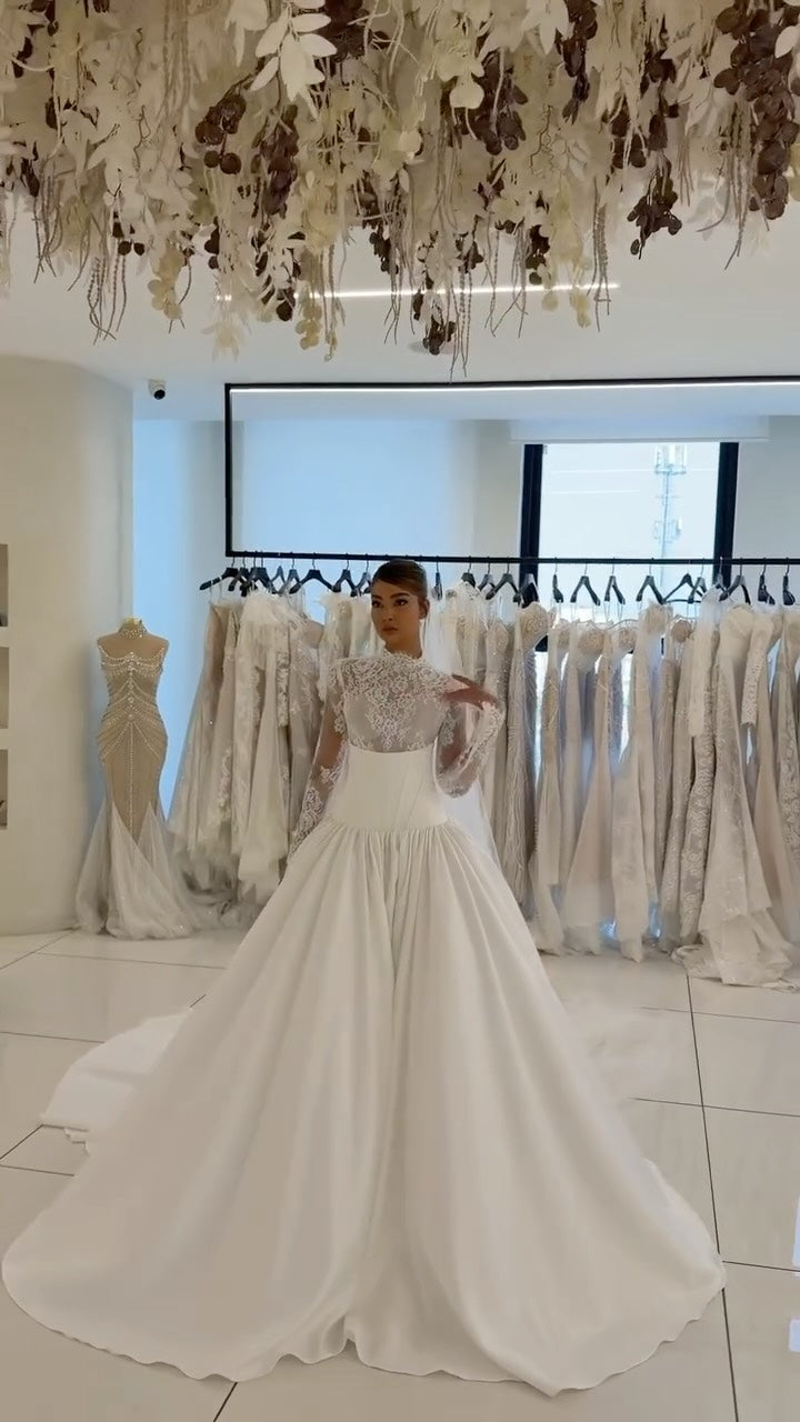 High Neck Lace Bodice Ball Gown Wedding Dress