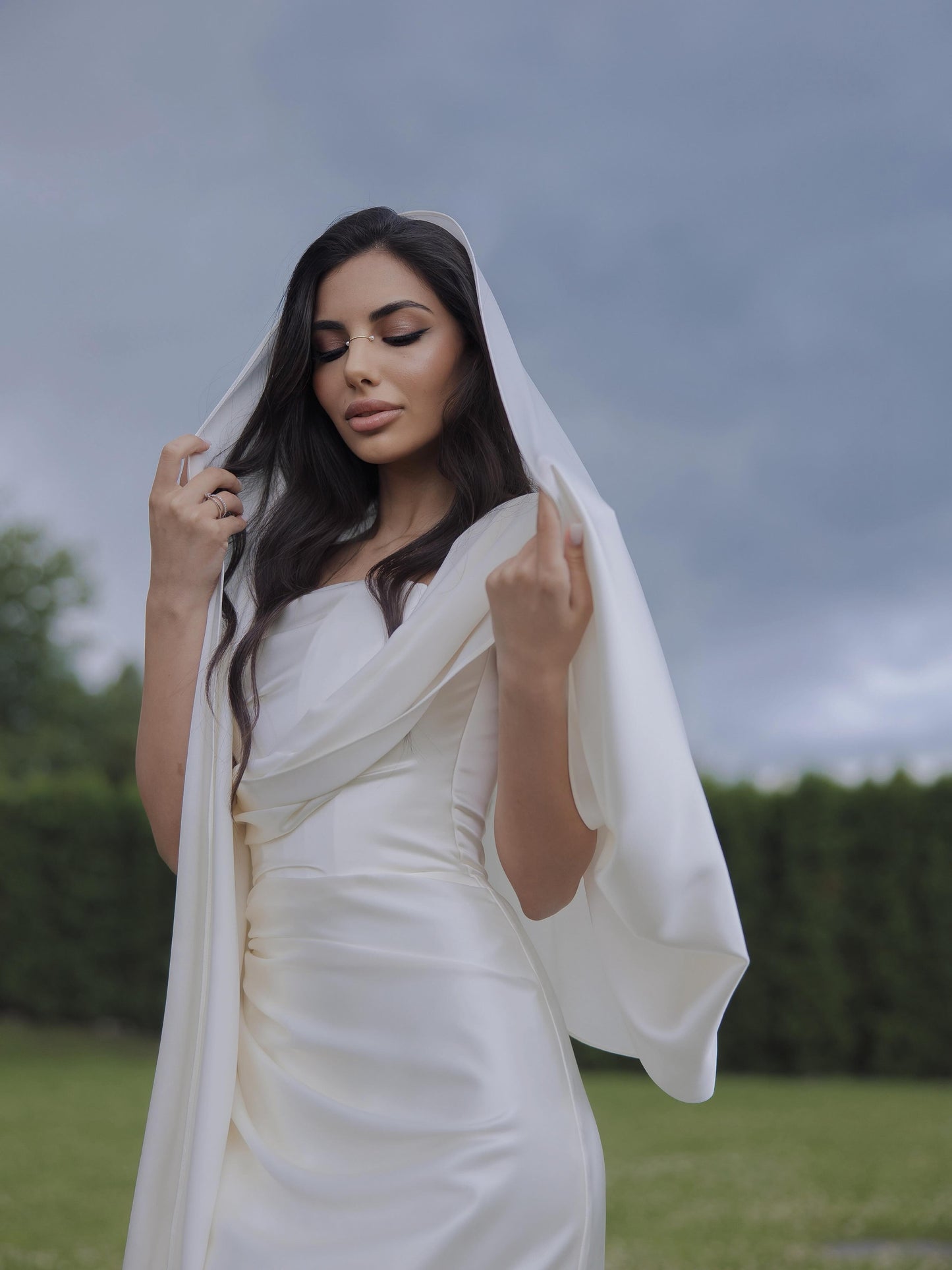 One-Shoulder Satin Wedding Dress with Hooded Shawl