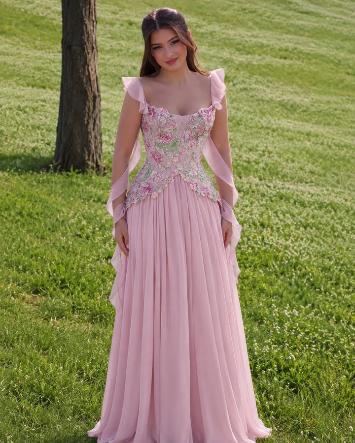 Floral Embroidered Chiffon A-Line Gown