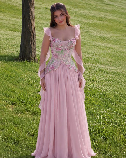 Floral Embroidered Chiffon A-Line Gown